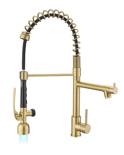 Fapully High Arc Brushed Gold Pull-Down Kitchen Faucet with LED Sprayer | Kitchen Sink Faucets with Pull Down Sprayer,Dual Spray Modes, Commercial Grade,Single Handle Single Hole Design - color: Brushed Gold, style: Modern