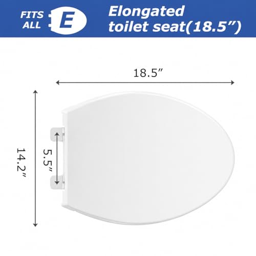 Elongated Toilet Seat, Slow Close, White Plastic, Never Loosen, 18.5” | Easy Installation, Easy Cleaning, Non-Slip Bumpers, Quiet Operation, Fits Most Elongated Toilets - size: Elongated(Oval)