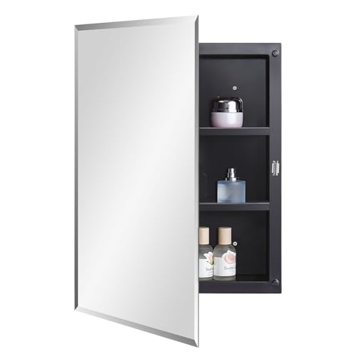 IDYLLOR Black Plastic Bathroom Medicine Mirror Cabinet 16 x 22 inch, Surface and Recessed Mount, Beveled Edge Mirror - color: Black, size: 16x22 inch Beveled Edge Mirror