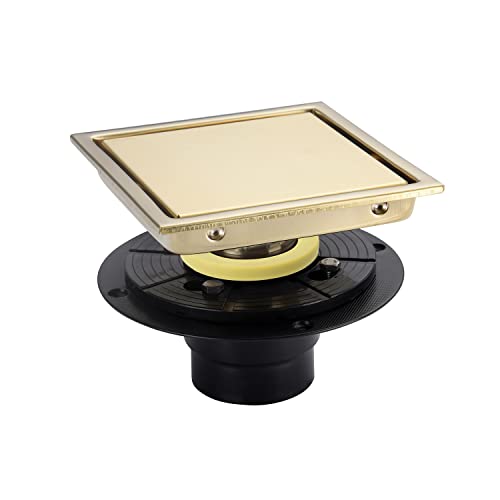 6 Inch Brushed Gold Shower Drain Square, Removable Grid Strainer Cover and Invisible Tile Insert，with Adjustable Drain Flange Kit Base PVC, SUS304 Stainless Steel Brass Face - color: Brushed Gold
