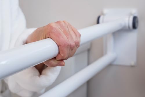 HEALTHCRAFT P.T. Rail 32" Left Side, Fold-Down Toilet Rail - White | Longer 32" reach, wall-mounted hinged rail folds flat when not in use - color: Powder Coat White, size: 32"