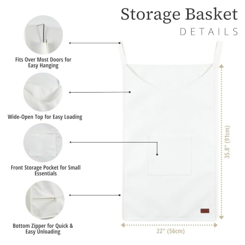 DECOMOMO Hanging Laundry Hamper - Laundry Bag with Hooks (White) | 22" x 35.8" Extra Large Hanging Laundry Basket with Bottom Zipper, Over The Door Storage for Clothes, Bathroom & Bedroom