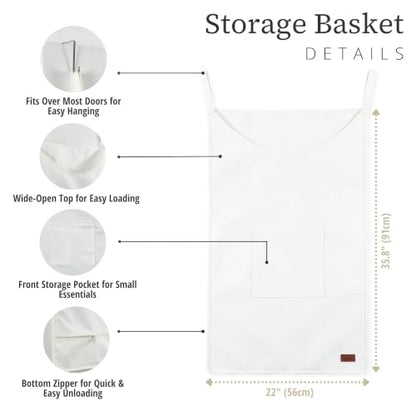 DECOMOMO Hanging Laundry Hamper - Laundry Bag with Hooks (White) | 22" x 35.8" Extra Large Hanging Laundry Basket with Bottom Zipper, Over The Door Storage for Clothes, Bathroom & Bedroom