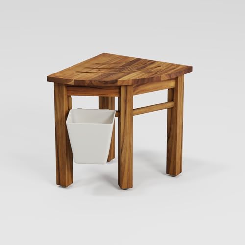 Kiasthome Teak Corner Shower Bench, Waterproof Bathroom Teak Shower Bench, Sturdy Non-Slip Bath Shower Foot Stool for Shaving Legs with Storage Basket - size: Small