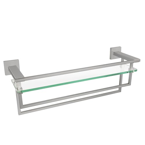 LANC Bathroom Shelves - 20 Inch Floating Tempered Glass Shelf with 2 Towel Rails for Modern Shower Bath Storage - Wall Mounted Stainless Steel Brushed Nickel, A7617BN - color: Brushed Nickel