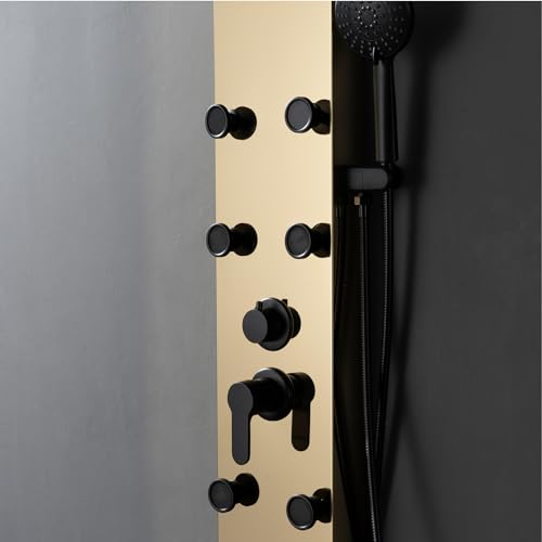 BWE Stainless Steel Modern Shower Panel Tower System | 3-Function Faucet Rainfall Shower Head, Handheld Sprayer, Massage Body Jets, Polished Gold