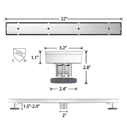 32 Inch Linear Shower Drain with Tile Insert Grate, Brushed | 304 Stainless Steel, Rectangle Tile Floor Drain for Bathroom, with Hair Strainer, Adjustable Feet, cUPC Certified - size: 32 inch