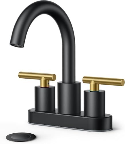 FORIOUS 4 in Black and Gold Bathroom Faucet Centerset, Restroom Sink Faucet | 4" Gold and Black Bathroom Sink Faucet Centerset, 2 Handle Swivel Faucet for Bathroom Sink with Pop up Drain and Supply Lines - color: Gold&Black, style: Classic