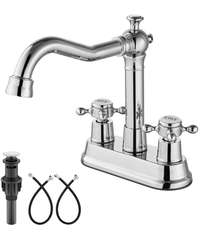 Aolemi 4 Inch Centerset Bathroom Sink Faucet Vintage 2 Cross Handle RV Mixer Tap Basin Vanity Lavatory Utility for Sink 3 Hole Include Hoses Pop Up Drain Faucet Handle with Label Polish Chrome - color: Polish Chrome, style: Faucet Handle with Label
