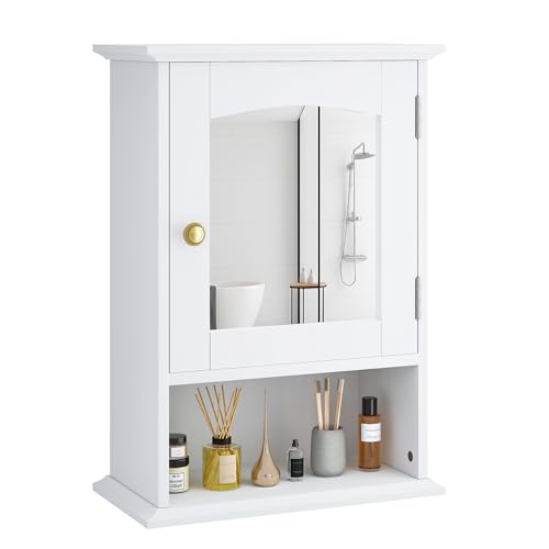 VECELO Bathroom Wall Cabinet with Mirror, Small Medicine Cabinets with Door, Wood Adjustable Shelf, 14.7 x 19.8 x 7.1 Inches, White