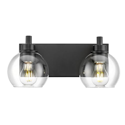 2-Light Matte Black Bathroom Vanity Light, Clear Glass Globe Shade | 15" modern bathroom light fixtures over mirror, E26 base, bulbs not included, VL195-MB-2 - color: Black, Clear Glass, size: 2-light