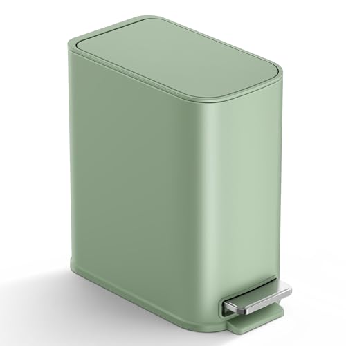 TIPGO Small Bathroom Trash Can with Lid Soft Close,1.3 Gallon, Green | Step Pedal, Removable Inner Bucket, 5 Liter Slim Stainless Steel Garbage Can for Bedroom, Office, Kitchen - color: Green