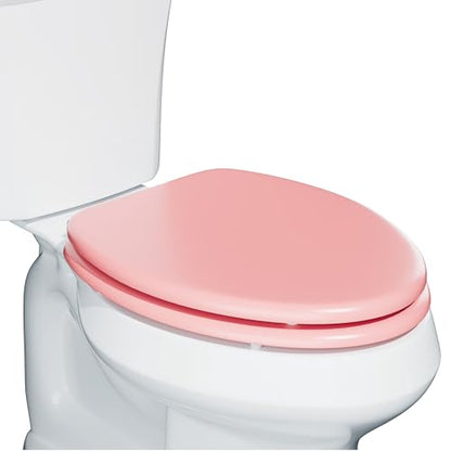 Elongated Slow Close Wood Toilet Seat, Pink Wooden Toilet Seat with Baked Enamel Finish Support 400 lbs, Oval Toilet Lid with Soft Close Chrome Hinges and Grip-Tight Bumpers, Easy to Clean and Install - color: Pink, size: Elongated Slow Close
