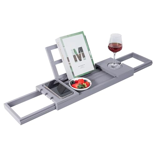 Utoplike Bathtub Tray Caddy Bamboo, Grey Bath Table for Tub Adjustable | Bathroom Organizer with Book Tablet, Wine Glass Cup, Towel Holder - color: 19.8-33.5 in Grey