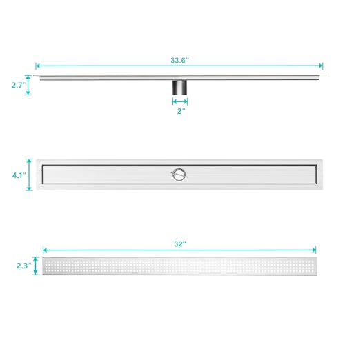 32 inch Linear Shower Drain with Square Hole Pattern Grate Cover | Brushed 304 Stainless Steel Bonding Flange Linear Drain, Low Profile Linear Shower Drain with Hair Strainer - color: 32 in, size: Quadrato Pattern
