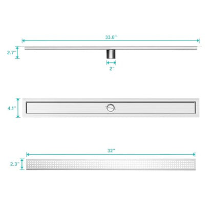 32 inch Linear Shower Drain with Square Hole Pattern Grate Cover | Brushed 304 Stainless Steel Bonding Flange Linear Drain, Low Profile Linear Shower Drain with Hair Strainer - color: 32 in, size: Quadrato Pattern