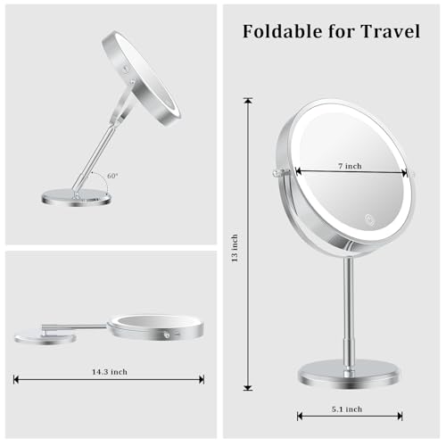 1X/10X Double Sided Travel Makeup Mirror with Lights, Chrome | 7" Lighted Makeup Mirror with Magnification for Traveling, Standing Alone, Rechargeable, Dimmable, 3 Lighting Colors, Silver
