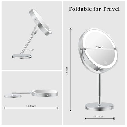 1X/10X Double Sided Travel Makeup Mirror with Lights, Chrome | 7" Lighted Makeup Mirror with Magnification for Traveling, Standing Alone, Rechargeable, Dimmable, 3 Lighting Colors, Silver