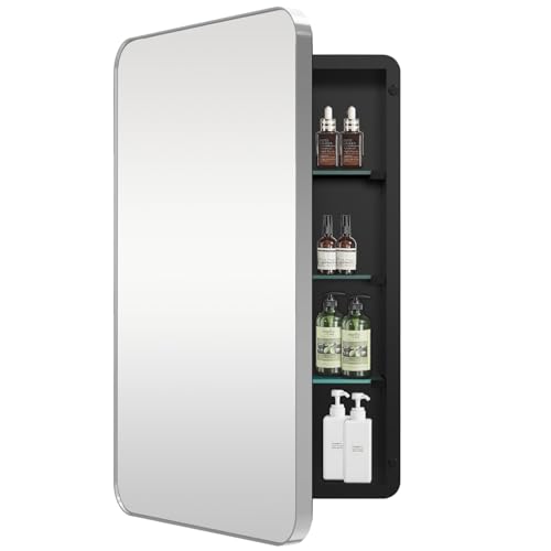 20x26 inch Bathroom Medicine Cabinet, Mirror Door with Stainless Steel Brush Silver Frame, Recessed & Surface Wall Cabinet with Removable Glass Shelves, Water-Proof Bathroom Storage Cabinet - color: Silver, size: Mirror:20"x26"