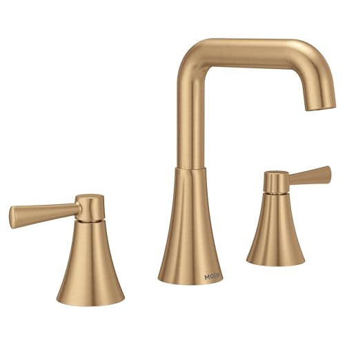 Moen Ronan Bronzed Gold Two-Handle Widespread Modern Double Bend Bathroom Faucet, Valve Included, 84026BZG - color: Bronzed Gold, style: 2-Handle Widespread