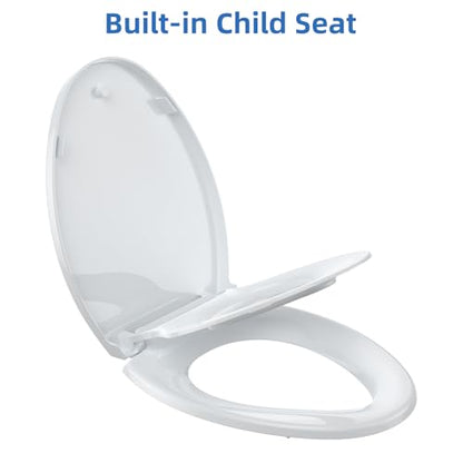Toilet Seat with Toddler Seat, Elongated Toilet Seat, Quick-Release Structure Toilet Seat, Quick-Attach Hardware & Full Flat with Grip-Tight Bumpers, Quiet-Close Seat, White 19 in - size: elongated