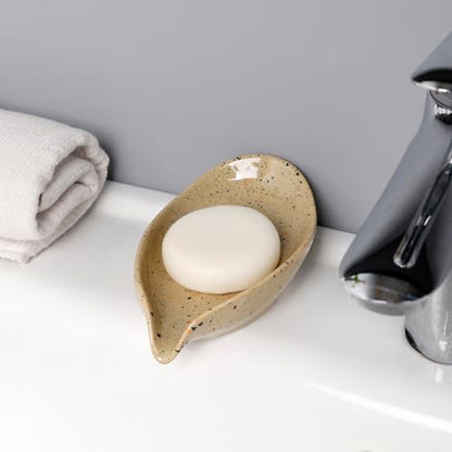 Soap Dish, Self Draining Soap Dishes 2PCS, Leaf Shape Ceramic Bar Soap Holder Drain Soap Dishes for Bathroom Sink Shower Kitchen, Easy to Clean Keeps Soap Dry, ANTIS'S HOME - color: Lightcurry-2pcs-enhanced Draining