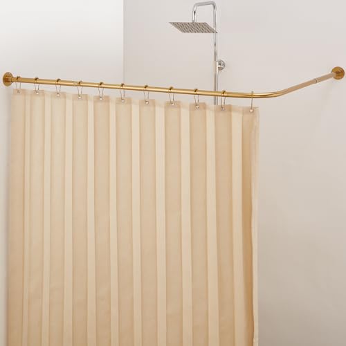 Corner Shower Curtain Rod, [24"-37"] x [24"-37"] Adjustable L Shaped Shower Rod No-Sagging Square 90 Degree Curved Curtain Rod for Bathroom with 12 Hooks & Ceiling Support - Gold - size: 24"-37" x 24"-37"