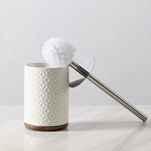 Bathroom Accessories Ceramic Toilet Brush Set - Toilet Bowl Brush and Holder with Wooden Base (White and Beige)