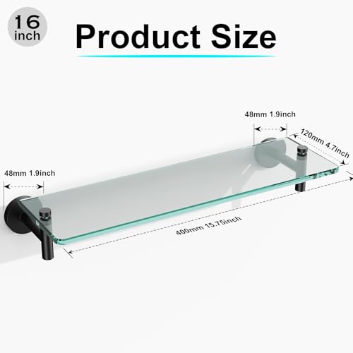 Glass Shelves for Bathroom,16-Inch Matte Black Floating Bathroom Shelf Stainless Steel Tempered Glass Shelf Modern Shelves wall Mounted - color: Matte Black, size: 16"without railing
