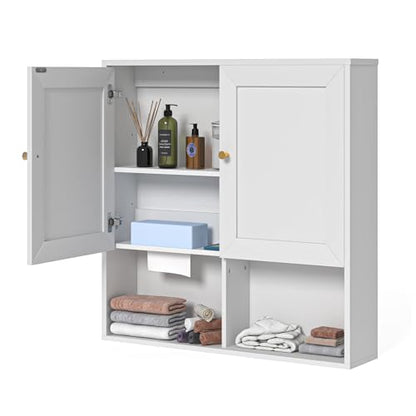 Bathroom Wall Cabinet, Medicine Cabinet with 2 Door and Adjustable Shelves,3-Tier Wood Hanging Storage Over The Toilet,White Wall Mounted Cabinet for Bathroom, Kitchen,Laundry Room