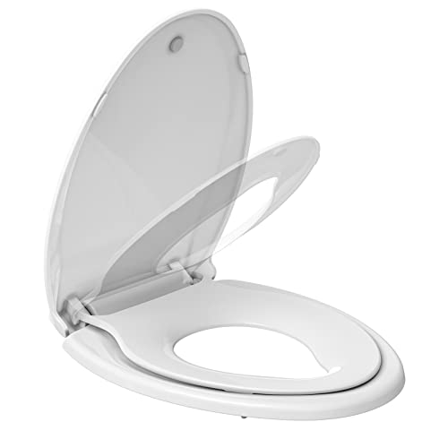 19" Elongated Toilet Seat with Built-In Potty Training Seat, Soft Quiet-Close Lid with Non-Slip Design, Magnetic Kids Seat in White, Easy to Install and Clean - color: White, with Toddler Seat, size: Elongated (19″)