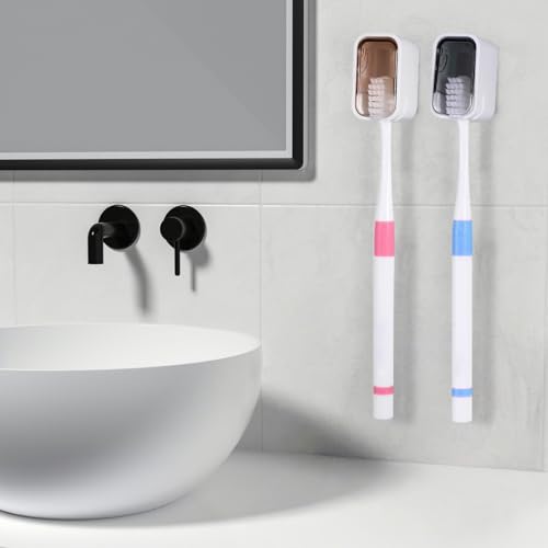 4 PCS Toothbrush Holder Wall Mounted with Cover, Electric Toothbrush Holders for Bathroom (Single-Slot Design), Moisture-Proof and Dust-Proof Organizer for Home and Travel Use(Gray,Brown) - color: Brown,grey