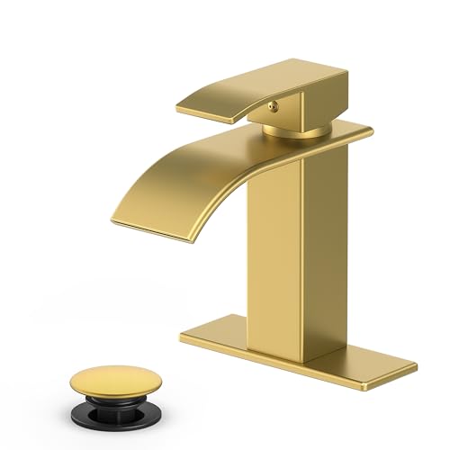 Waterfall Bathroom Faucet, Brushed Gold Stainless Steel, 1-Handle | Modern Bathroom Sink Faucet for RV & Outdoor Basins, Pop-Up Drain, Supply Lines, 6-in Deck Plate, 1- or 3-Hole, NSF Certified - color: Brushed Gold