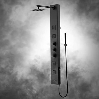 Achelous Square Rainfall Shower Head Panel System with Thermostatic,Stainless Steel High Pressure Turbo Body Jets Waterfall Shower Tower,Brass Handheld Wand in Matte Black - style: Square