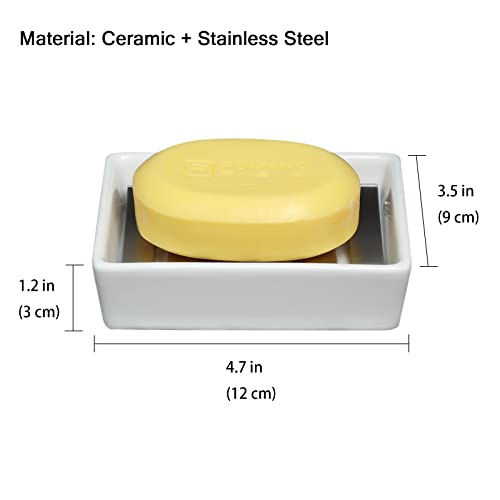 Soap Dish for Bar Soap, Bathroom Soap Holder for Shower, White Ceramic Soap Tray with Stainless Steel Draining Holder