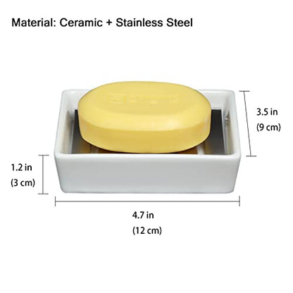 Soap Dish for Bar Soap, Bathroom Soap Holder for Shower, White Ceramic Soap Tray with Stainless Steel Draining Holder