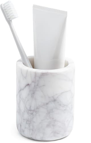 Cork & Mill Marble Toothbrush Holder Cup for Bathroom Countertop | Real White Stone, Decorative Organizer for Tooth Brush and Toothpaste, Aesthetic Vanity Accessory