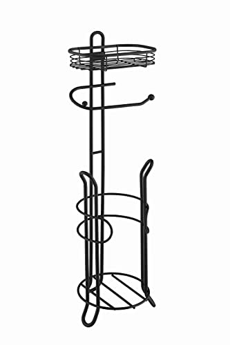 SunnyPoint Bathroom Heavyweight Toilet Tissue Paper Roll Storage Holder Stand with Reserve and Shelve, The Reserve Area Has Enough Space to Store Mega Rolls. (Black) - color: Black