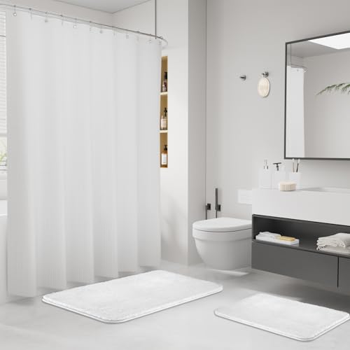 White Bathroom Set, White Bathroom Accessories Sets with Shower Curtain and No-Slip Bath Rugs, Natural Loofah Sponge, Soap Dispenser, Toothbrush Holder, Toothbrush Cup and Tray for Bathroom - size: Bath Set+Shower Curtain+Bath Rugs+2PCS Loofah, style: Whi
