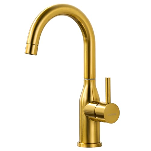 WOWOW Brushed Gold Bar Sink Faucet Single Hole Bar Faucet 1 Handle Small Kithcen Faucet for Wet Bar and RV Sink - color: Brushed Gold