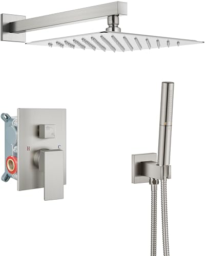 Aolemi Shower System with Rain Head and Handheld,12-Inch,Brushed Nickel | High-Pressure Shower Faucet Set with Dual-Function Handheld,Rough-In Valve,1.8 GPM,Wall-Mount Trim Kit - color: Brushed Nickel, size: 12 Inch
