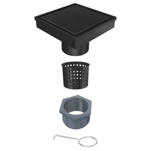 Tile Insert Square Shower Drain 6 in with Strainer, Matte Black | SUS 304 Stainless Steel, Removable Grate & Hair Strainer Design, for Bathroom, Kitchen, Balcony, Garage, Basement, Toilet - color: Matte Black, size: 6-Inch