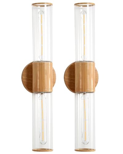 Bathroom Vanity Lighting Fixture, 2-Light Wood Grain Wall Sconce Light Fixture with Clear Glass, E26 Socket Indoor Wall Lamp, Modern Wall Sconce for Mirror Living Room, 2 Pack - color: Clear Glass-Wood Grain, size: 2 Count (Pack of 1)