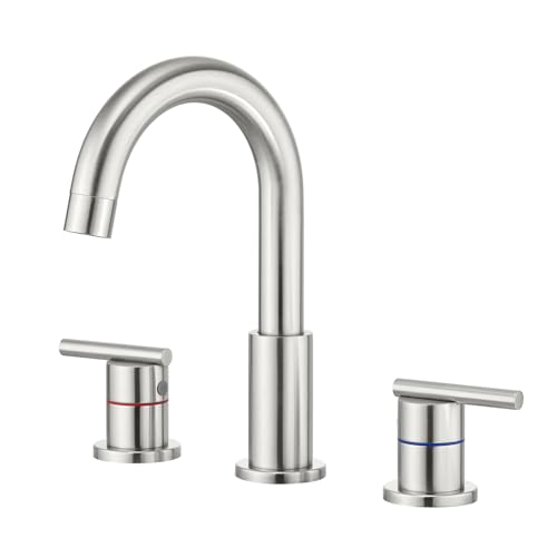 Faustina 3 Hole Bathroom Faucet, Brushed Bathroom Faucets for Sink 3 Hole/Double-Handle/8-Inch Widespread Bathroom Faucet, Stainless Steel Bathroom Vanity Faucet(Pop Up Drain/Supply Line), Brushed - color: Brushed, style: Modern Widespread