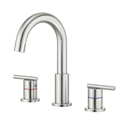 Faustina 3 Hole Bathroom Faucet, Brushed Bathroom Faucets for Sink 3 Hole/Double-Handle/8-Inch Widespread Bathroom Faucet, Stainless Steel Bathroom Vanity Faucet(Pop Up Drain/Supply Line), Brushed - color: Brushed, style: Modern Widespread