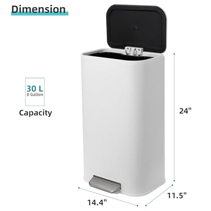 GarveeHome 8 Gal Kitchen Trash Can, Stainless Steel Garbage Can, White | Soft Close Lid, Hands-Free Foot Pedal, Removable Inner Bucket, Rectangular Step On Waste Bin for Home Office Living Room - color: White, size: 30 L