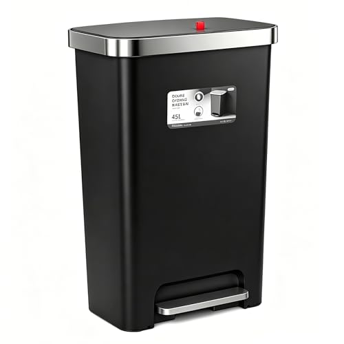 Kitchen Trash Can with lid ,Large 12 Gallon Slim Tall trash Can,Narrow Trash Bin Step-on with Lid, Plastic Black Garbage Can with Stainless Steel Rim for Bathroom,Living room,Bedroom,Yard,Garden