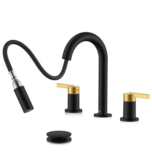 Black and Gold Pull Down Widespread Bathroom Faucet 3 Hole 2 Handle | Pull Out Bathroom Faucet with Pop Up Drain & Supply Lines, Lead-Free cUPC & NSF Certified, 8 Inch Faucet for Vanity RV Sink - color: Black & Gold