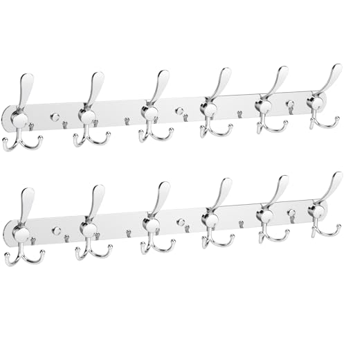 YUNISS Coat Rack Wall Mounted，6 Tri Stainless Steel Coat Hook for Coat Hat Robes Towel in Mudroom Entryway (Sliver, 2 Pack 6) - color: Sliver, size: 2 Pack 6