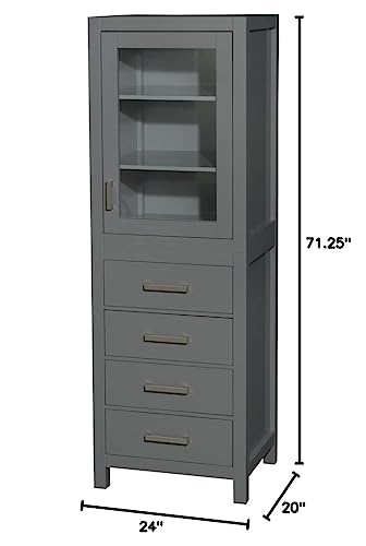 Wyndham Collection Sheffield 24 inch Linen Tower in Dark Gray with Shelved Cabinet Storage and 4 Drawers - color: Dark Gray With Brushed Chrome Trim